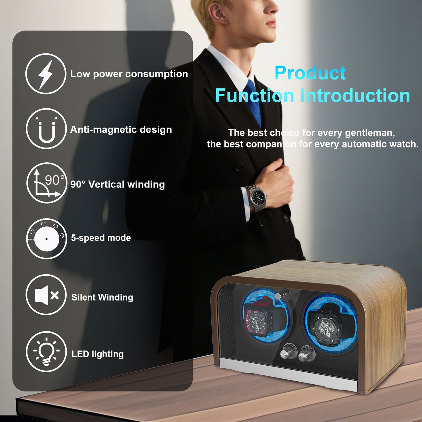 LELTNSOU-Dual Watch Winder – Silent Motor Automatic Watch Rotator, Wood Grain Display Box