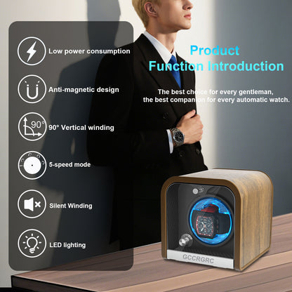GCCRGRC-Single Watch Winder – Silent Motor Automatic Watch Rotator Box, Walnut Wood Finish