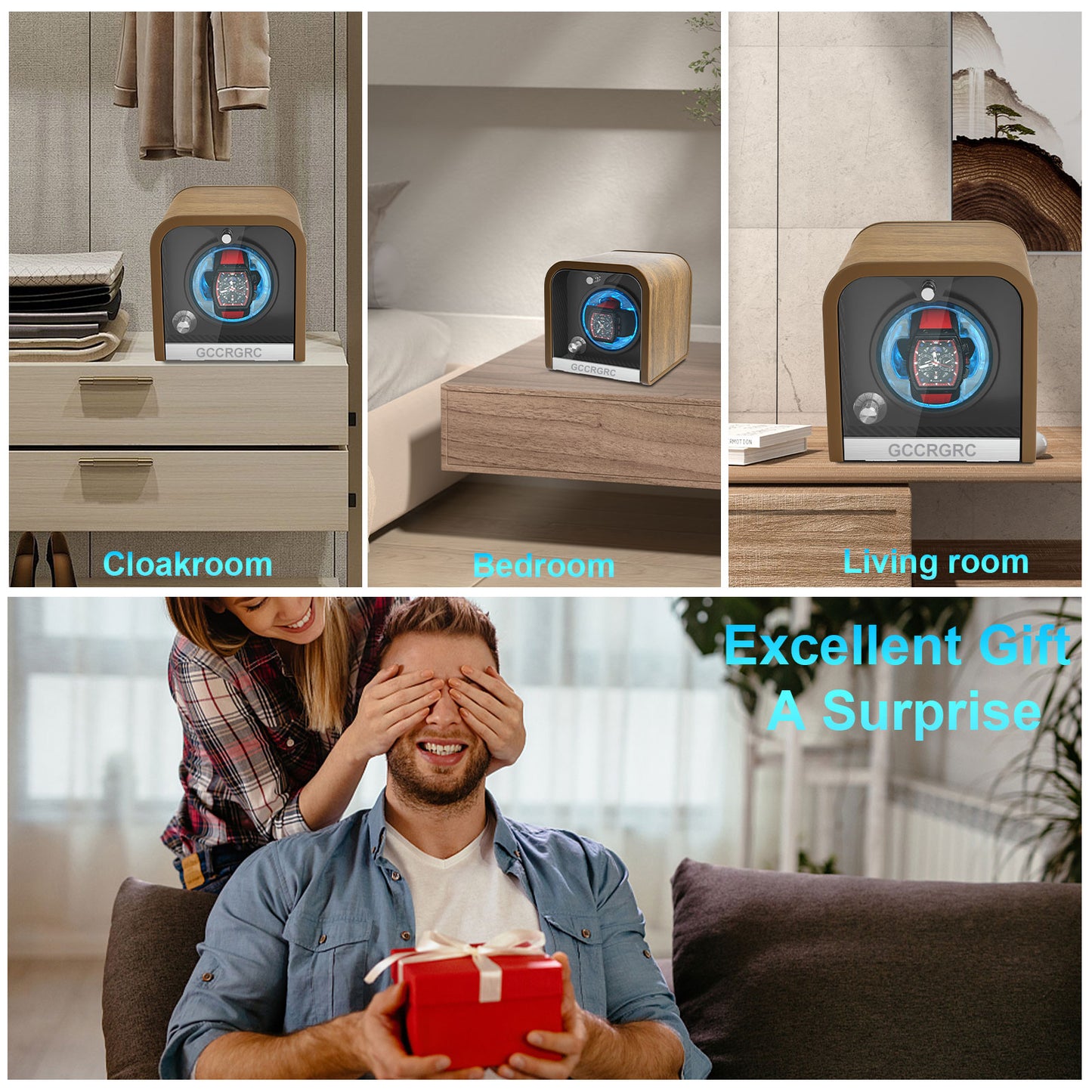 GCCRGRC-Single Watch Winder – Silent Motor Automatic Watch Rotator Box, Walnut Wood Finish