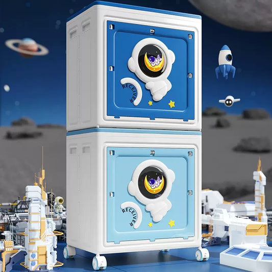 Stackable Astronaut Storage Bins with Wheels - Collapsible Toy Organizer with Front-Opening Doors for Kids' Room & Playroom